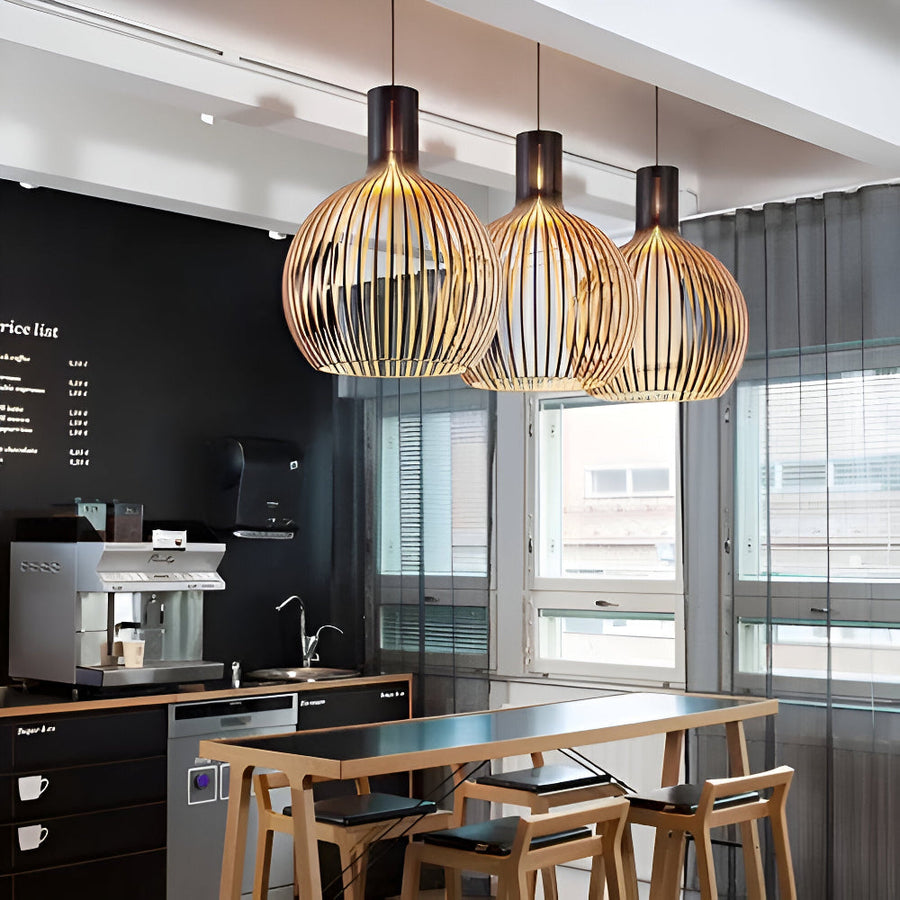 Wooden Pendant Light with Cage Shade Design-Lighting > Pendant Lights-casanuva-casanuva