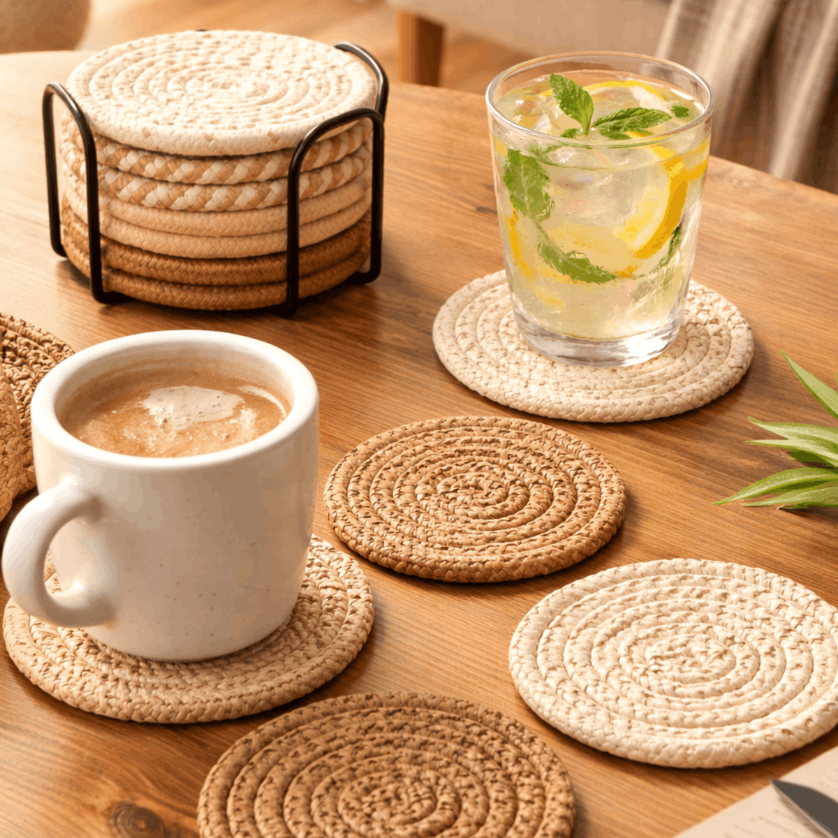 Woven Round Coasters Set of 7 with Holder for Glasses-Kitchen & Dining > Coasters-casanuva-casanuva