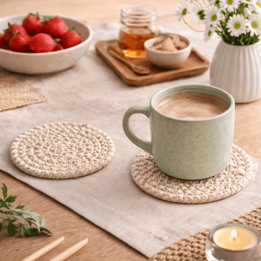 Woven Round Coasters Set of 7 with Holder for Glasses-Kitchen & Dining > Coasters-casanuva-casanuva