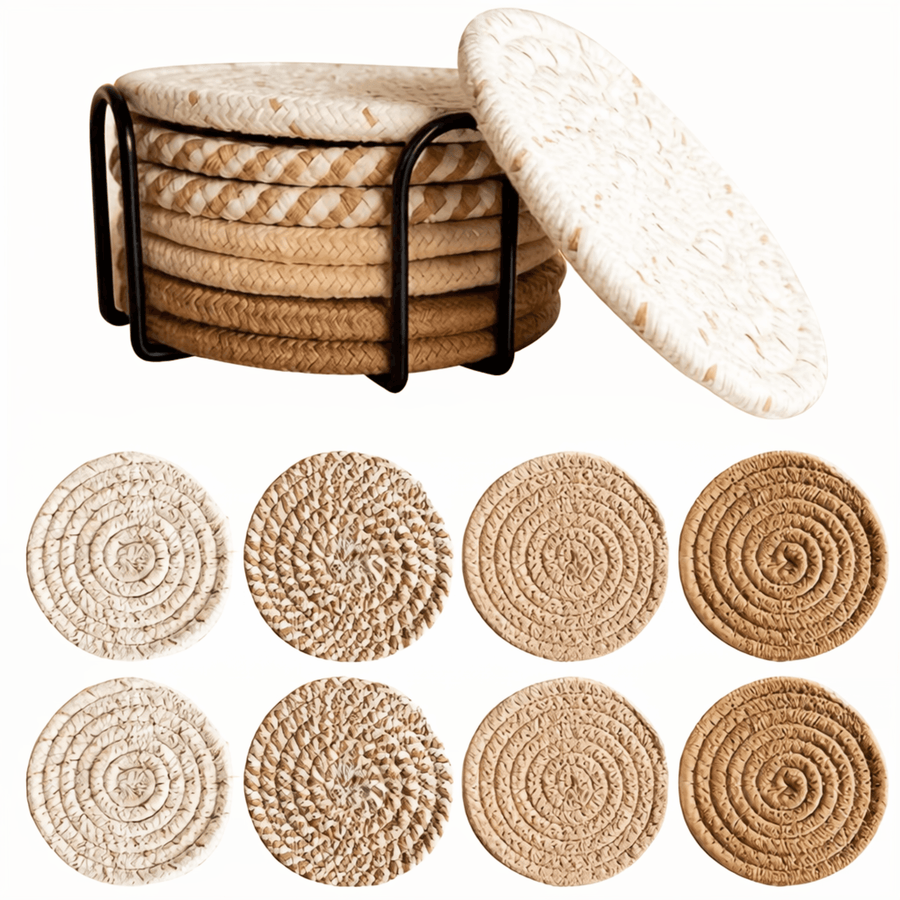 Woven Round Coasters Set of 7 with Holder for Glasses-Kitchen & Dining > Coasters-casanuva-casanuva