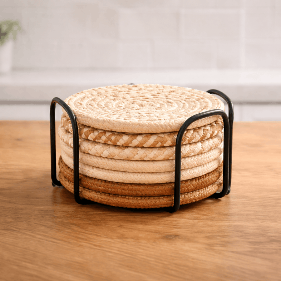 Woven Round Coasters Set of 7 with Holder for Glasses-Kitchen & Dining > Coasters-casanuva-Brown-casanuva