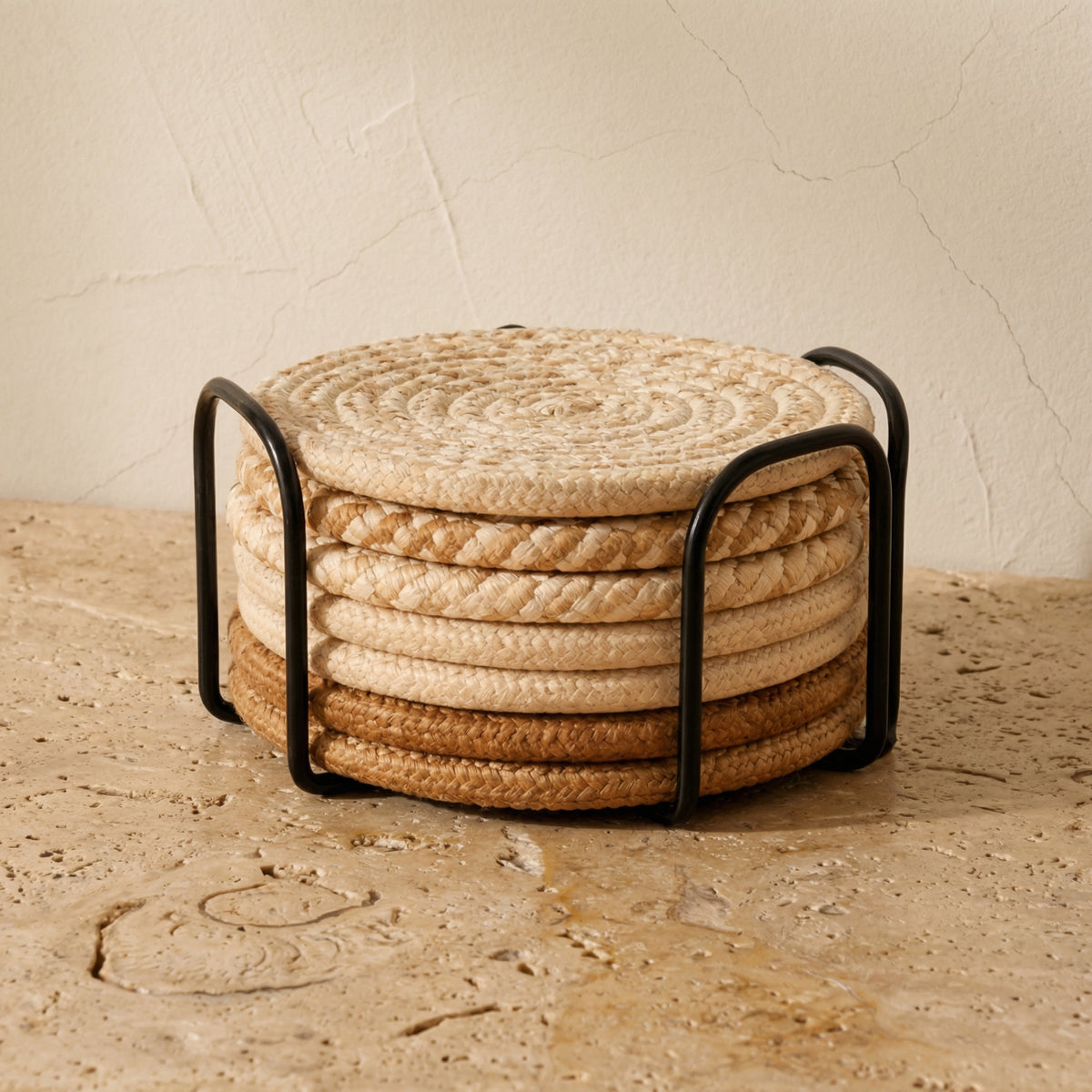 Woven Round Coasters Set of 7 with Holder for Glasses-Kitchen & Dining > Coasters-casanuva-casanuva