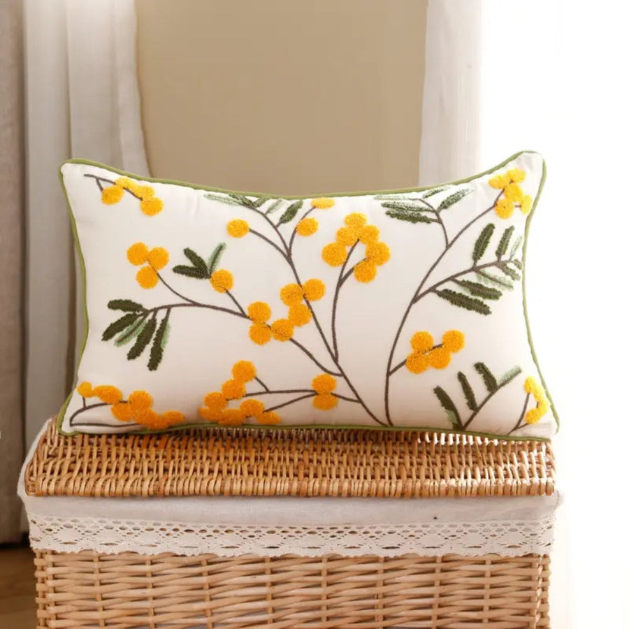 Yellow Floral Embroidery Cushion Cover-Covers & Textiles > Cushion Covers-casanuva-12"x20"-casanuva
