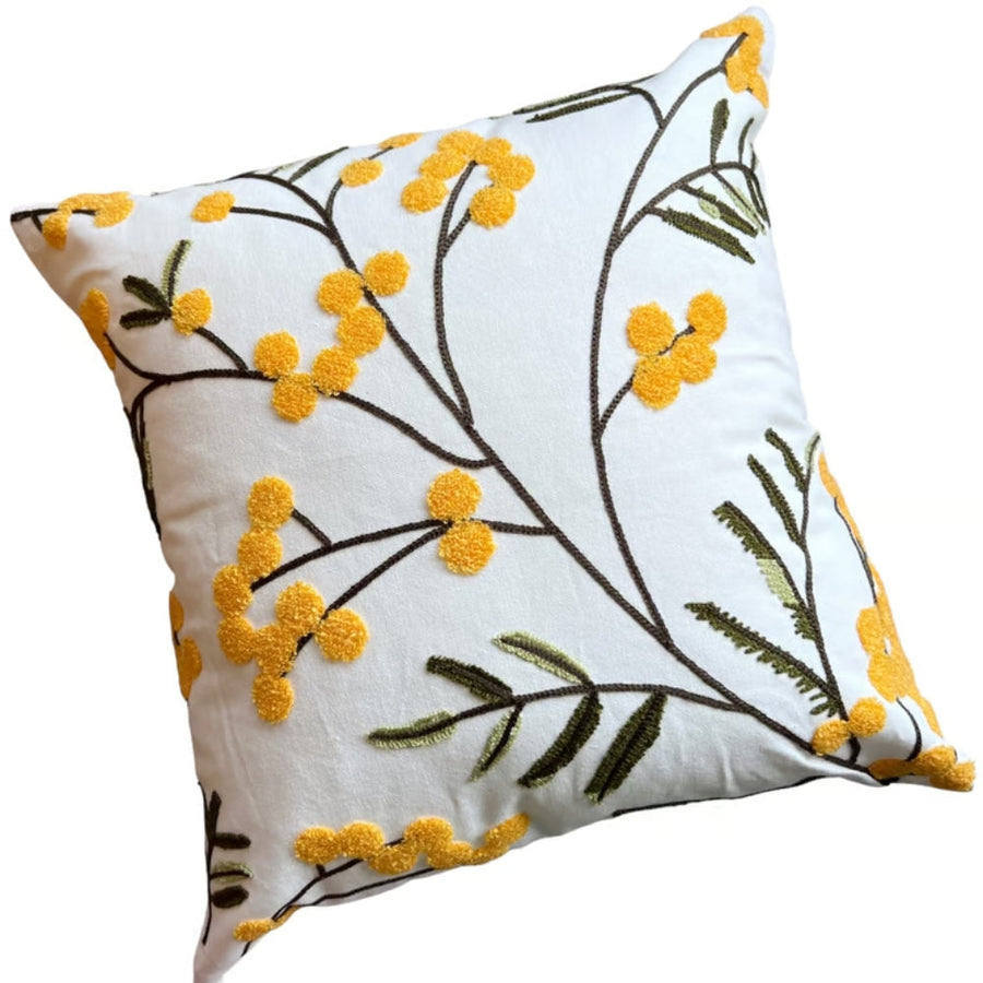Yellow Floral Embroidery Cushion Cover-Covers & Textiles > Cushion Covers-casanuva-18"x18"-casanuva
