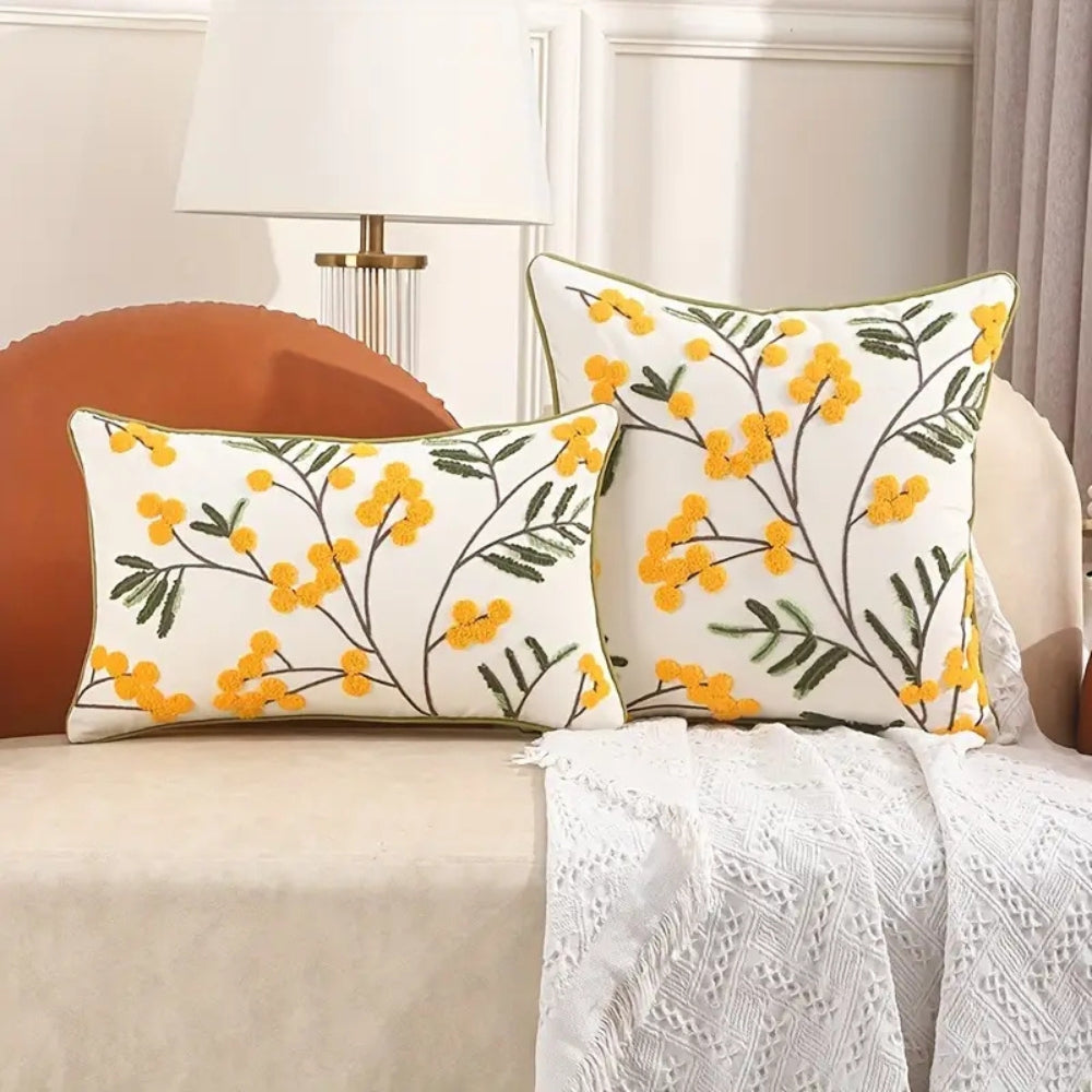 Yellow Floral Embroidery Cushion Cover-Covers & Textiles > Cushion Covers-casanuva-casanuva