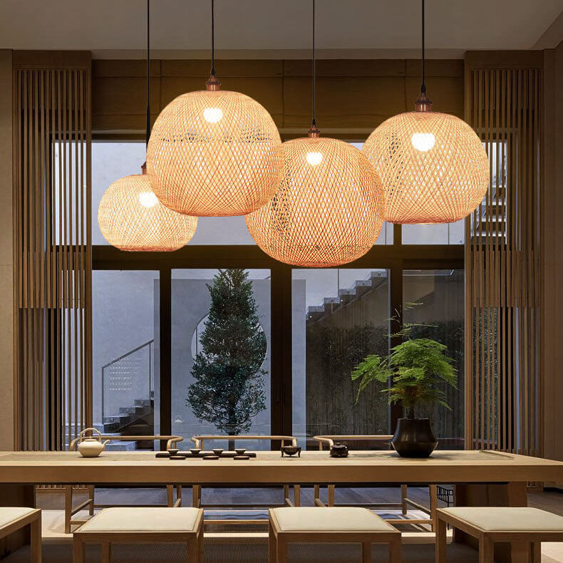 Bamboo Weaving Round Beige Pendant Light 1-Light Japanese Design-Lighting > Pendant Lights-casanuva-casanuva