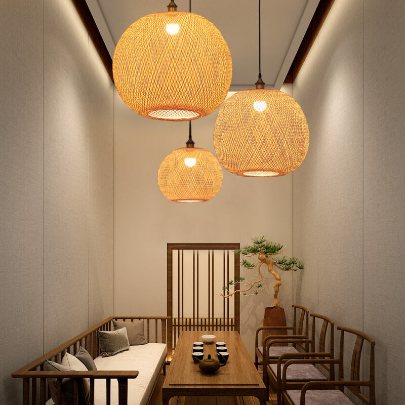 Bamboo Weaving Round Beige Pendant Light 1-Light Japanese Design-Lighting > Pendant Lights-casanuva-15.75''-220V-240V-casanuva