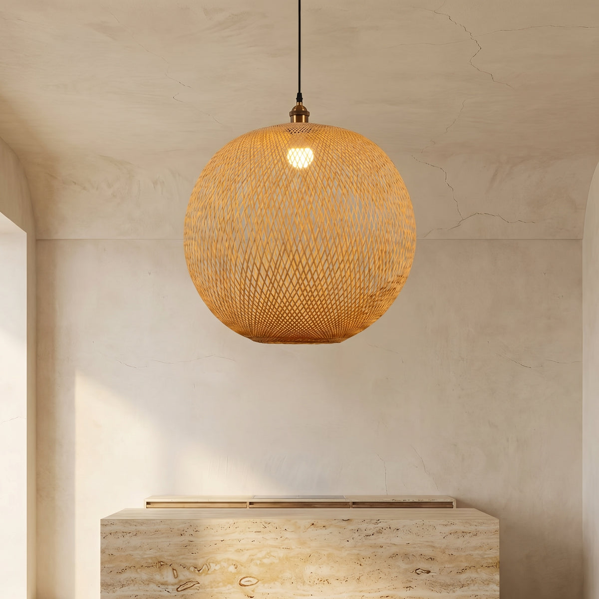Bamboo Weaving Round Beige Pendant Light 1-Light Japanese Design-Lighting > Pendant Lights-casanuva-casanuva