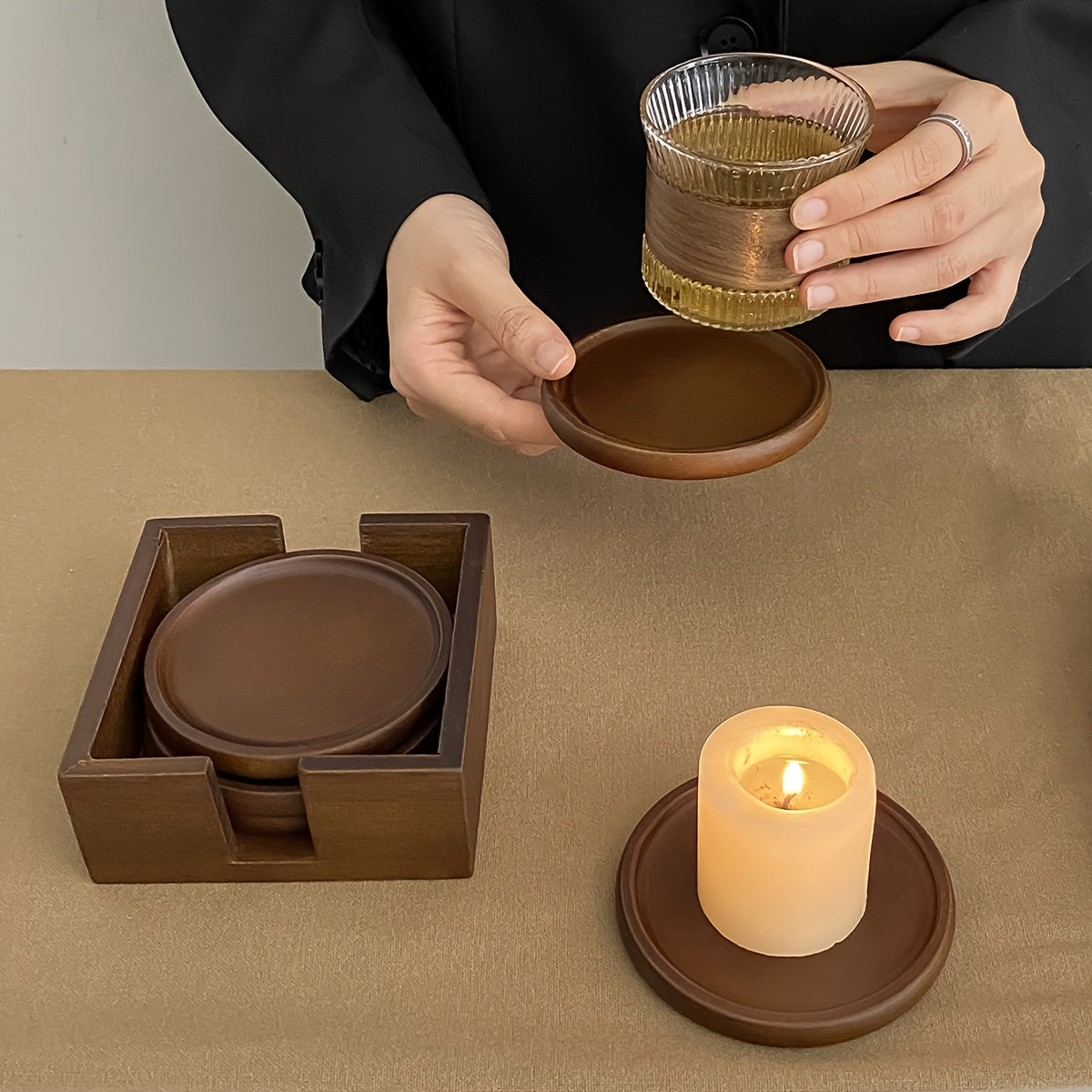 Bamboo Wood Heat-Resistant Coasters Set-Kitchen & Dining > Coasters-casanuva-4 Coasters + 1 Base-casanuva