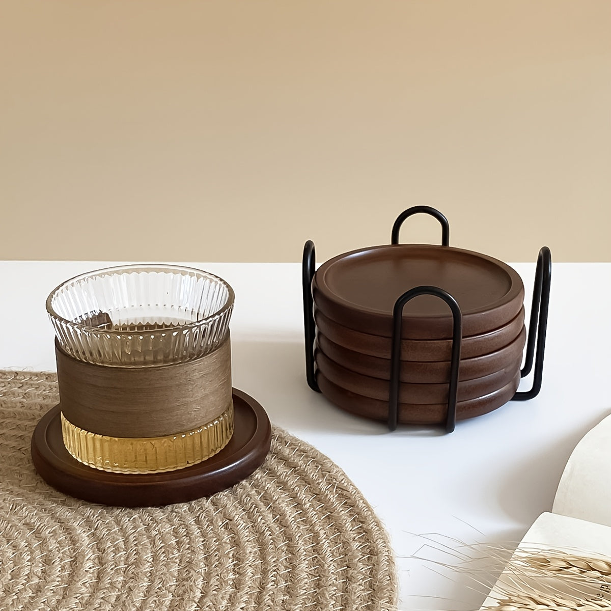 Bamboo Wood Heat-Resistant Coasters Set-Kitchen & Dining > Coasters-casanuva-6 Coasters + 1 Iron Frame-casanuva