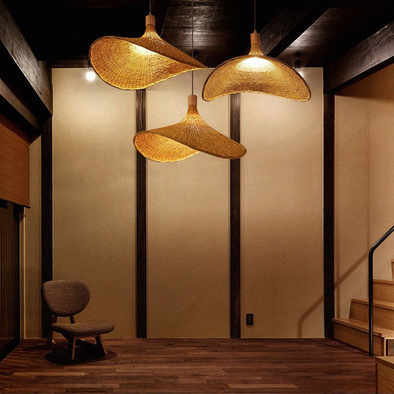 Bamboo Woven Pendant Light with Straw Hat Design-Lighting > Pendant Lights-casanuva-casanuva