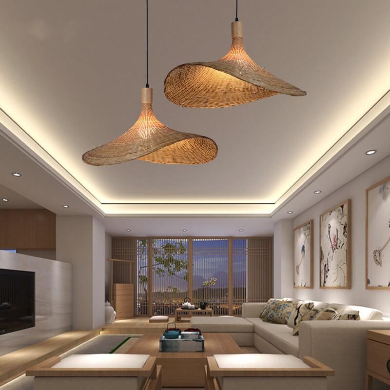 Bamboo Woven Pendant Light with Straw Hat Design-Lighting > Pendant Lights-casanuva-Medium-100V-120V-Black Wire-casanuva