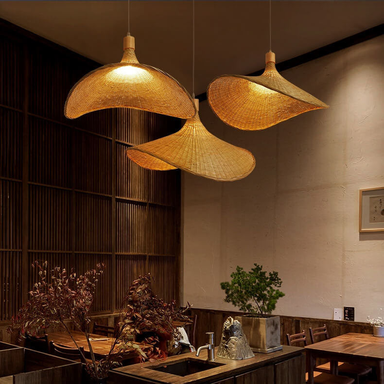 Bamboo Woven Pendant Light with Straw Hat Design-Lighting > Pendant Lights-casanuva-Medium-100V-120V-White Wire-casanuva