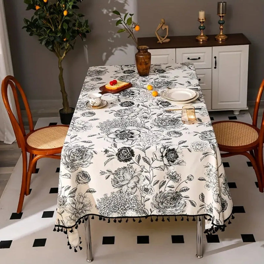 Black Floral Tasseled Tablecloth-Covers & Textiles > Table Cloths-casanuva-casanuva