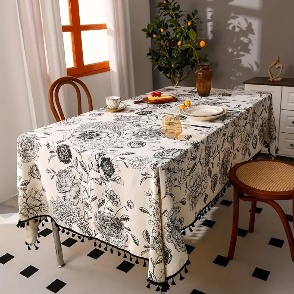 Black Floral Tasseled Tablecloth-Covers & Textiles > Table Cloths-casanuva-casanuva