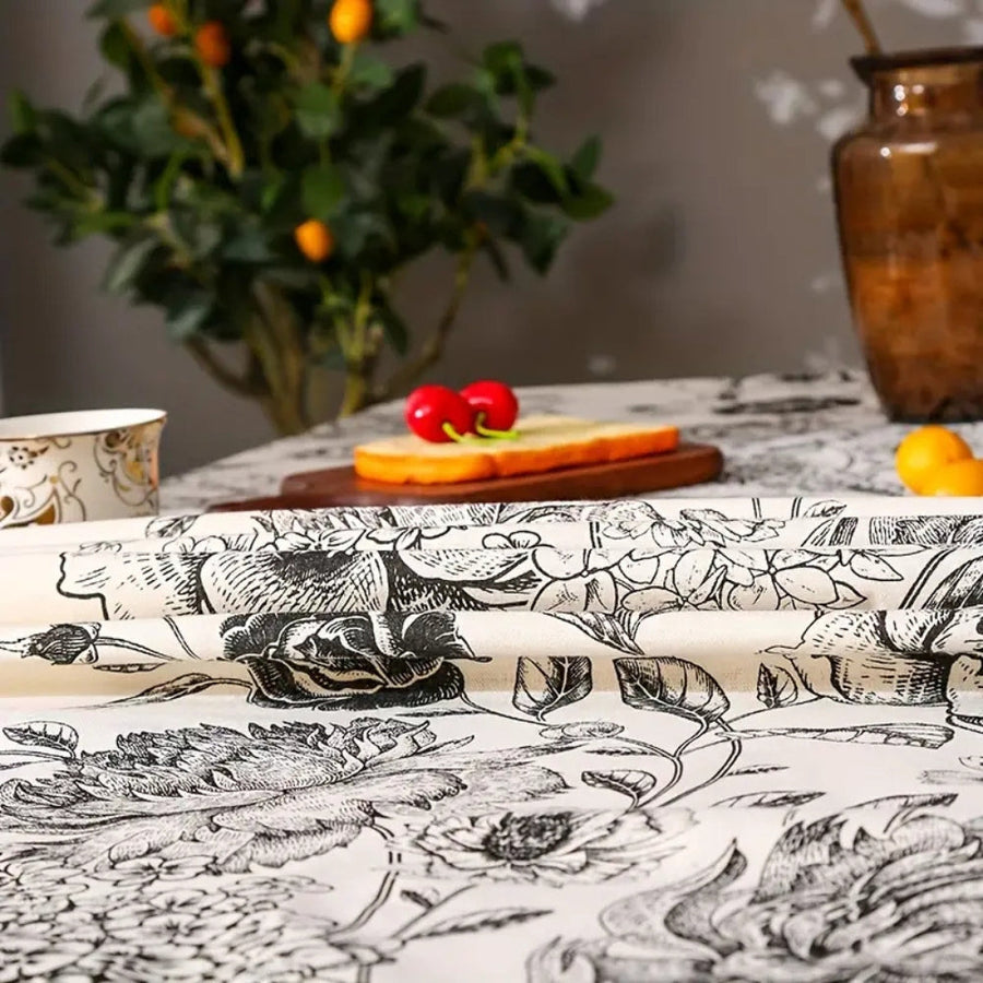 Black Floral Tasseled Tablecloth-Covers & Textiles > Table Cloths-casanuva-casanuva
