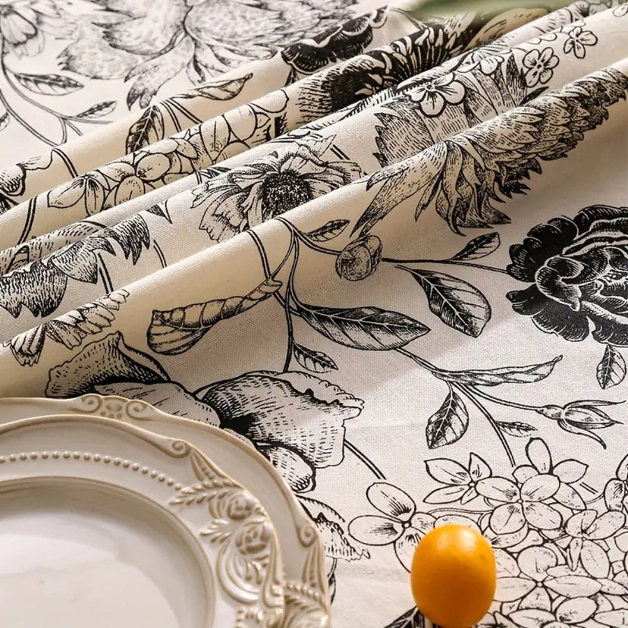 Black Floral Tasseled Tablecloth-Covers & Textiles > Table Cloths-casanuva-casanuva