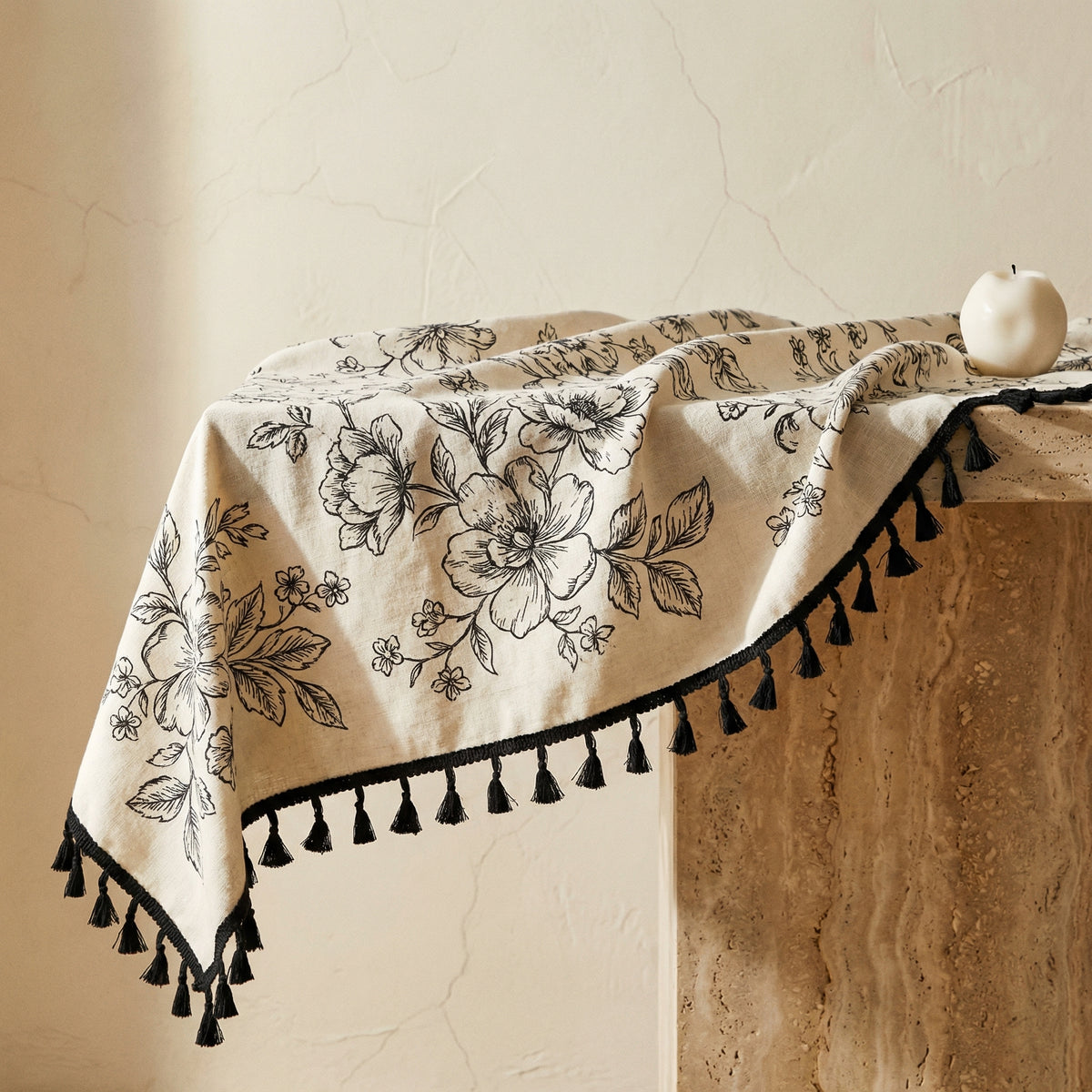 Black Floral Tasseled Tablecloth-Covers & Textiles > Table Cloths-casanuva-casanuva