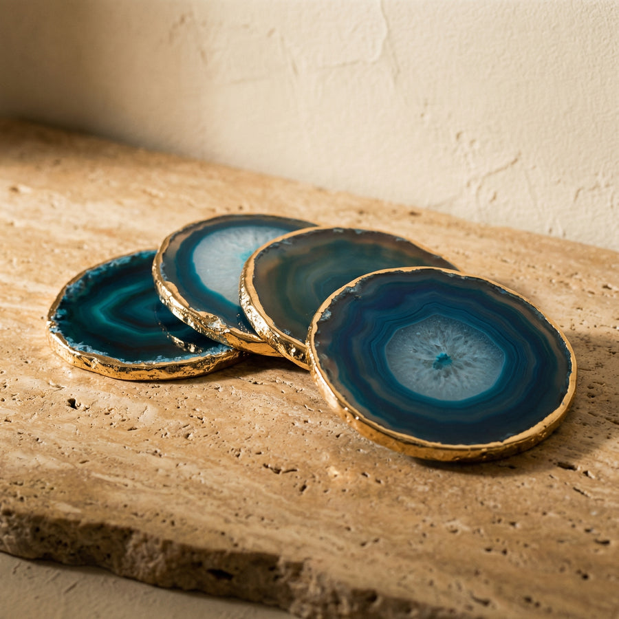 Blue Agate Coaster Set with Gold Accents-Kitchen & Dining > Tableware-casanuva-casanuva