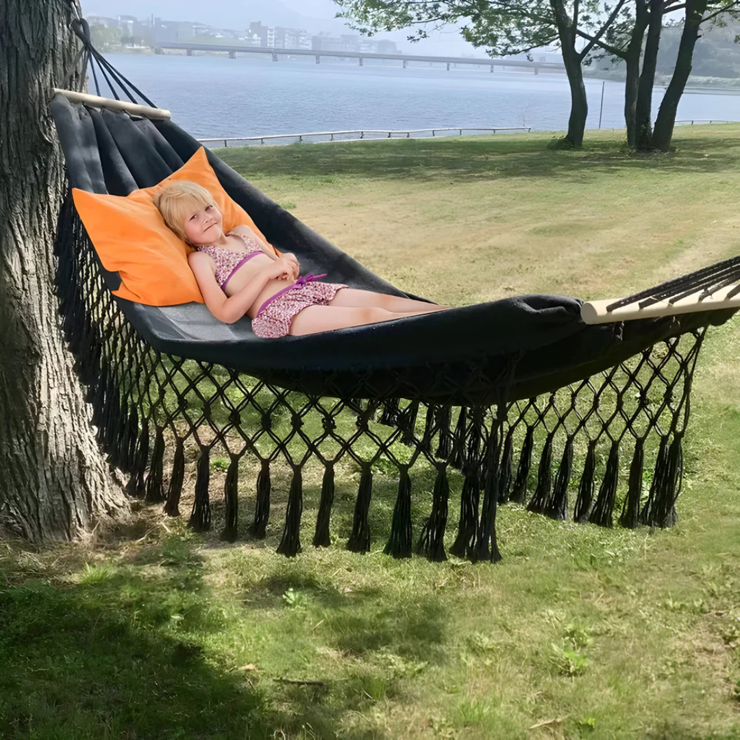 Boho Hammock with Wooden Spreaders Cotton Blend Supports 200 kg-Home Decor > Decorative Accessories-casanuva-casanuva
