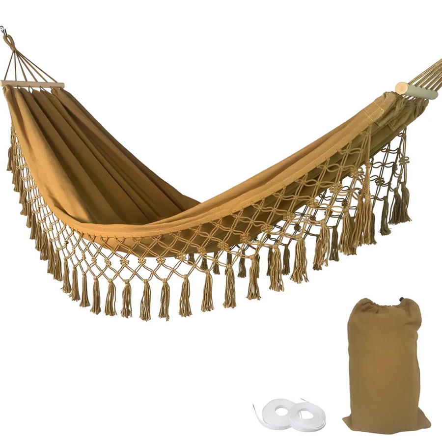 Boho Hammock with Wooden Spreaders Cotton Blend Supports 200 kg-Home Decor > Decorative Accessories-casanuva-Caramel-casanuva
