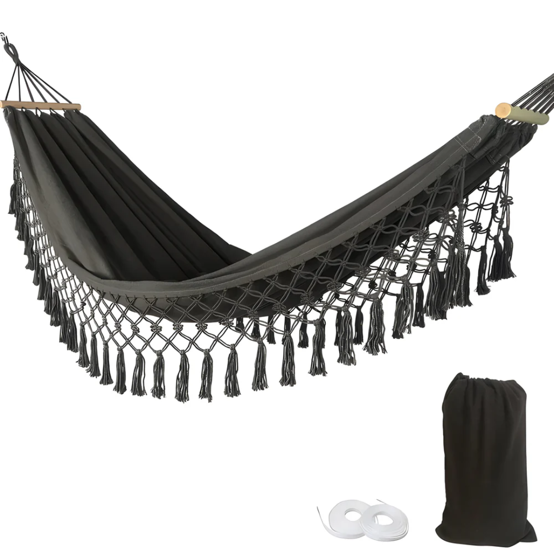 Boho Hammock with Wooden Spreaders Cotton Blend Supports 200 kg-Home Decor > Decorative Accessories-casanuva-Gray-casanuva