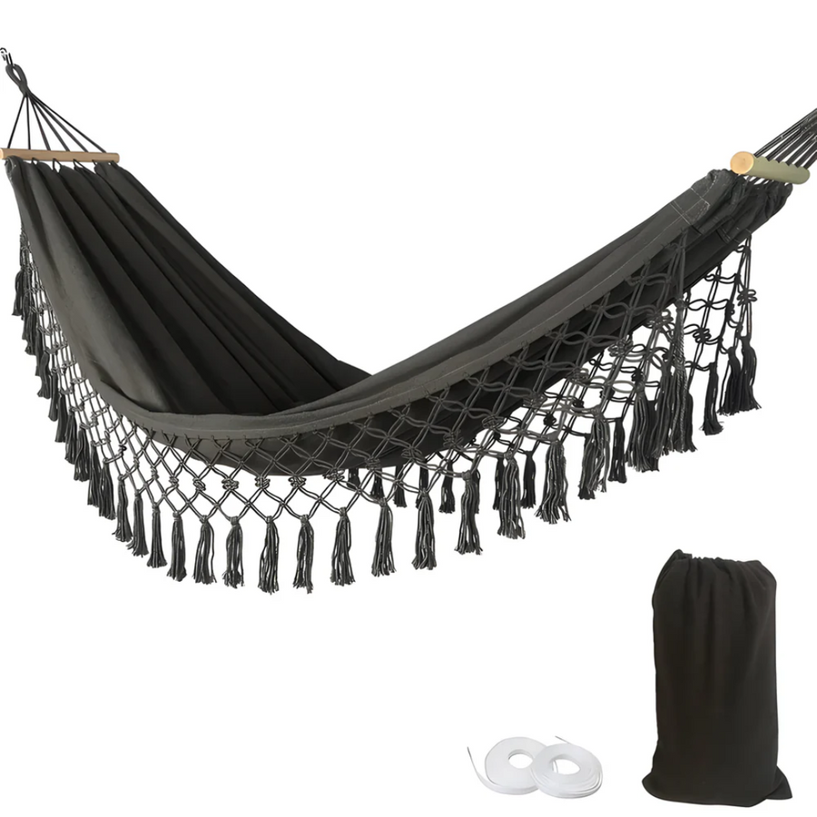 Boho Hammock with Wooden Spreaders Cotton Blend Supports 200 kg-Home Decor > Decorative Accessories-casanuva-Gray-casanuva