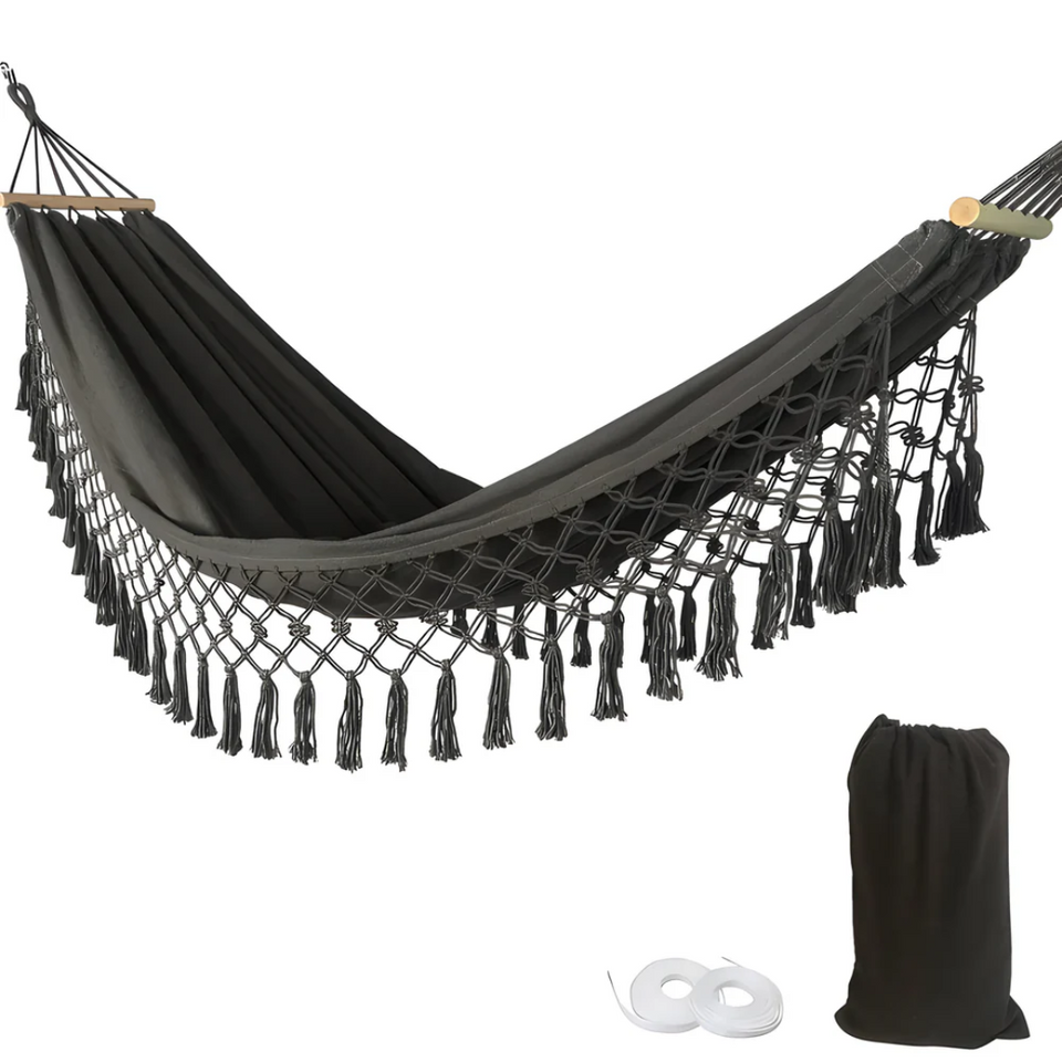 Boho Hammock with Wooden Spreaders Cotton Blend Supports 200 kg-Home Decor > Decorative Accessories-casanuva-Gray-casanuva