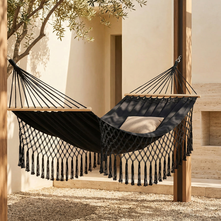 Boho Hammock with Wooden Spreaders Cotton Blend Supports 200 kg-Home Decor > Decorative Accessories-casanuva-casanuva