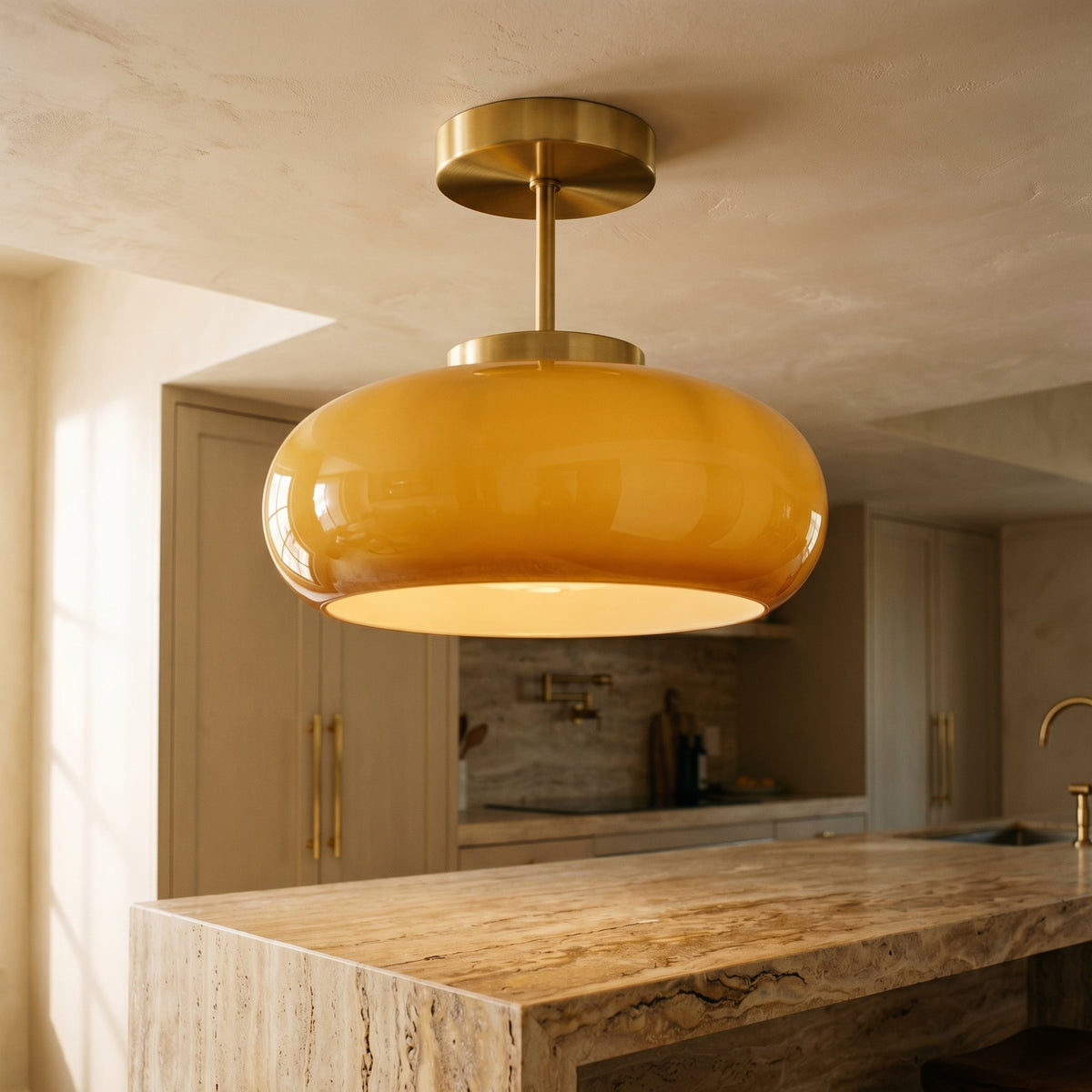 Brass Semi-Flush Mount Ceiling Light with Yellow Glass Shade-Lighting > Ceiling Lights-casanuva-casanuva