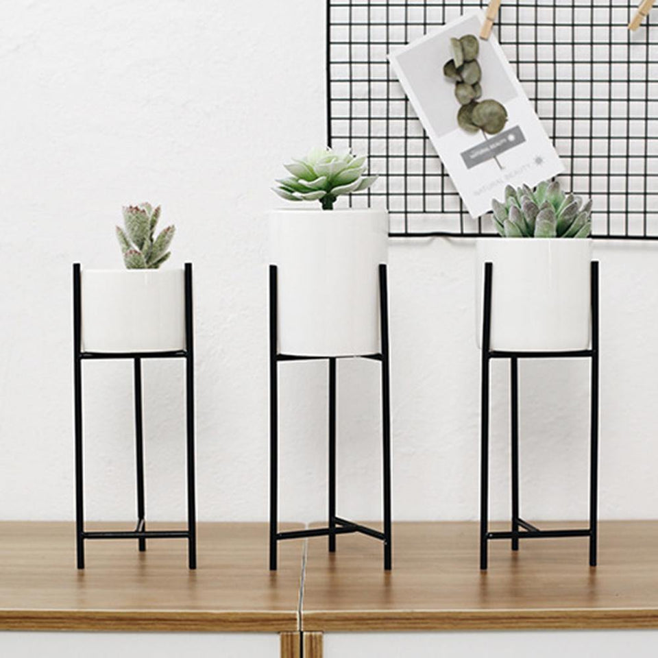Ceramic Flower Pot with Metal Stand Modern Minimalist Design-Home Decor > Decorative Accessories-casanuva-casanuva