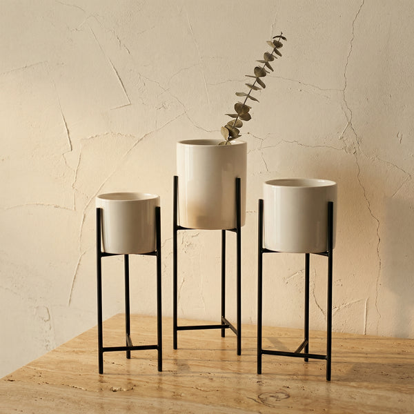 Ceramic Flower Pot with Metal Stand Modern Minimalist Design-Home Decor > Decorative Accessories-casanuva-casanuva