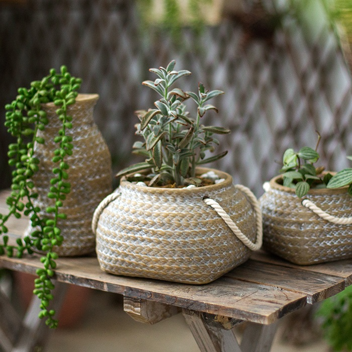 Ceramic Flower Pot with Rope Handles in Jute Bag Design-Home Decor > Decorative Accessories-casanuva-casanuva
