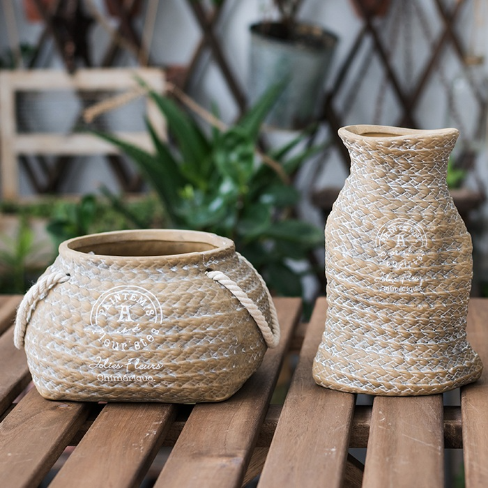 Ceramic Flower Pot with Rope Handles in Jute Bag Design-Home Decor > Decorative Accessories-casanuva-casanuva