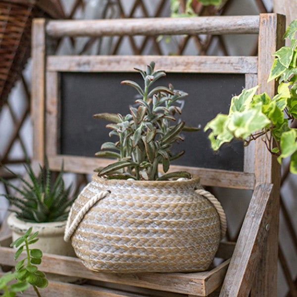 Ceramic Flower Pot with Rope Handles in Jute Bag Design-Home Decor > Decorative Accessories-casanuva-A-casanuva