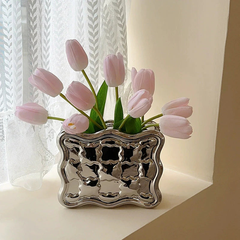 Ceramic Tulip Vase Set-Home Decor > Vases-casanuva-Silver-Pink Tulips-casanuva