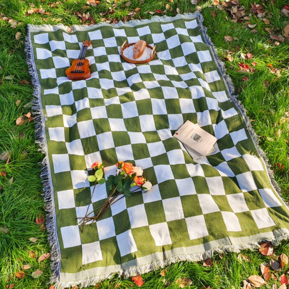 Checked Picnic Blanket 130x180 cm Microfiber with Fringes-Bedding & Bath > Blankets-casanuva-casanuva