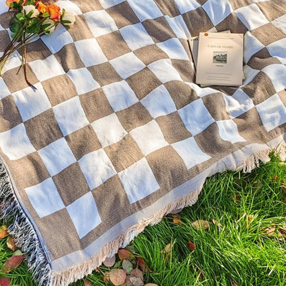 Checked Picnic Blanket 130x180 cm Microfiber with Fringes-Bedding & Bath > Blankets-casanuva-casanuva