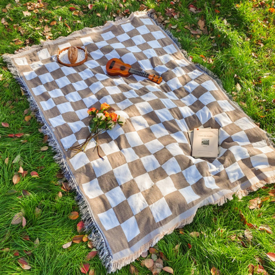 Checked Picnic Blanket 130x180 cm Microfiber with Fringes-Bedding & Bath > Blankets-casanuva-Beige striped-casanuva