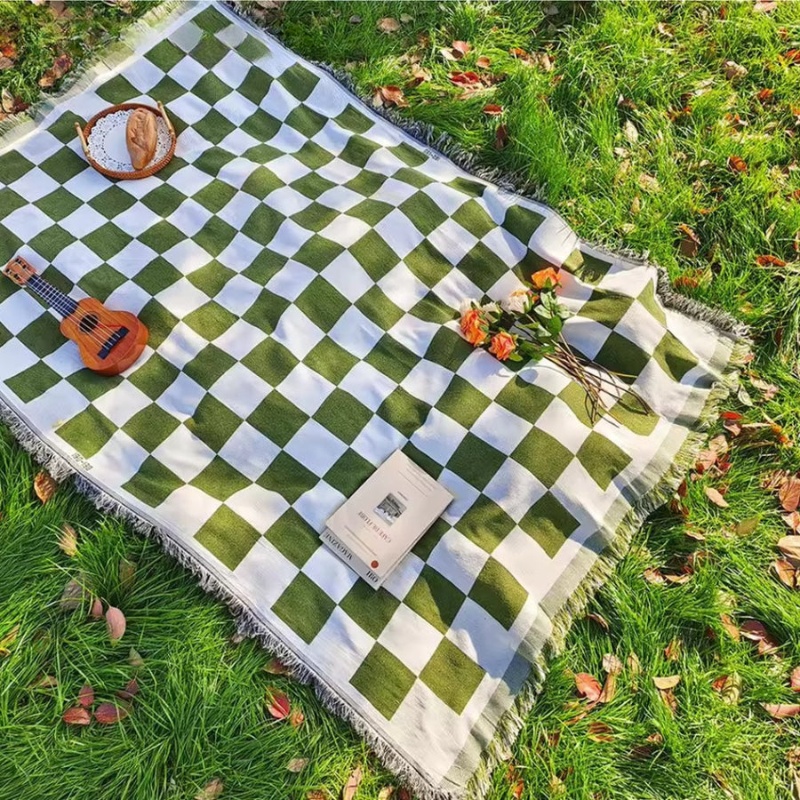 Checked Picnic Blanket 130x180 cm Microfiber with Fringes-Bedding & Bath > Blankets-casanuva-Green striped-casanuva