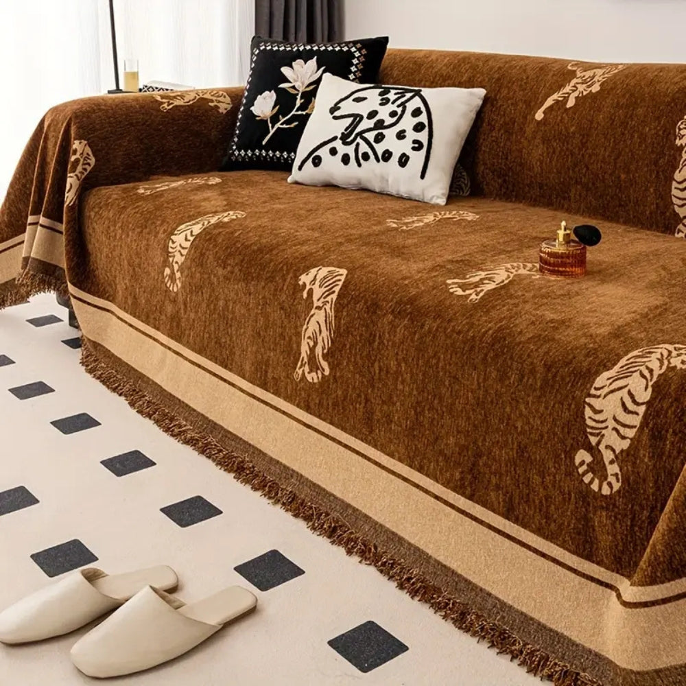 Chenille Tiger Sofa Cover-Covers & Textiles > Sofa Covers-casanuva-Chestnut Roar-71"x71"-casanuva
