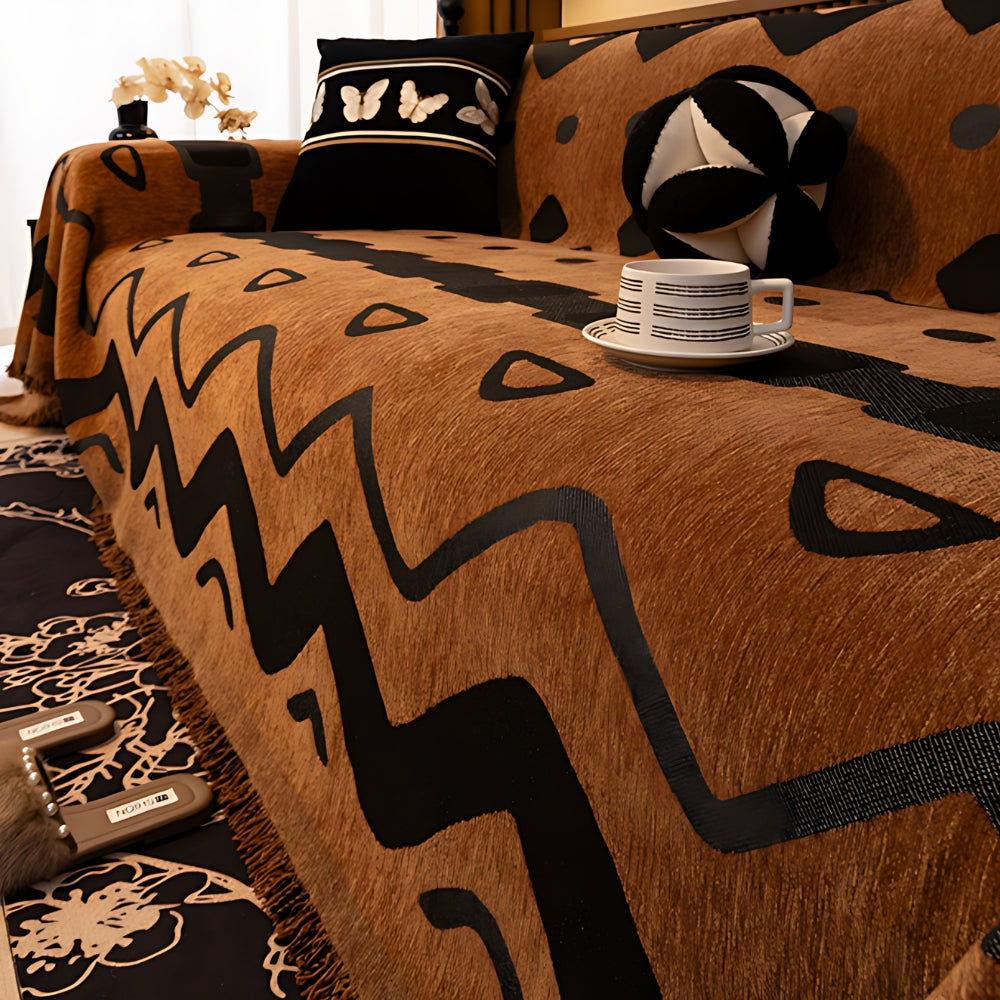 Chenille Tribal Geometric Sofa Cover-Covers & Textiles > Sofa Covers-casanuva-Black Curve-71"x71"-casanuva