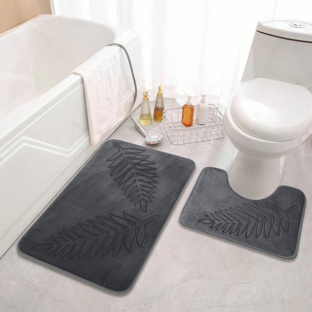 Comfort Bath Mat Set 2 Piece Lush Leaf Design-Bedding & Bath > Bath Mats-casanuva-Charcoal Chic-casanuva