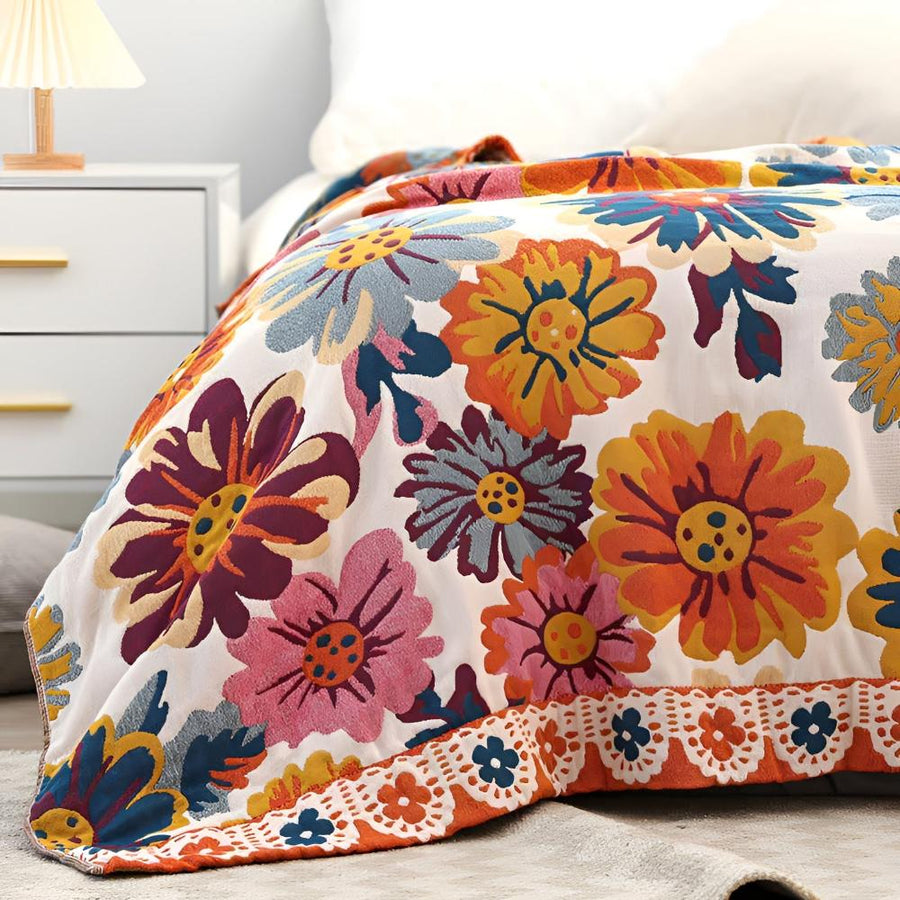 Cotton Blanket with Bright Floral Design-Bedding & Bath > Blankets-casanuva-casanuva