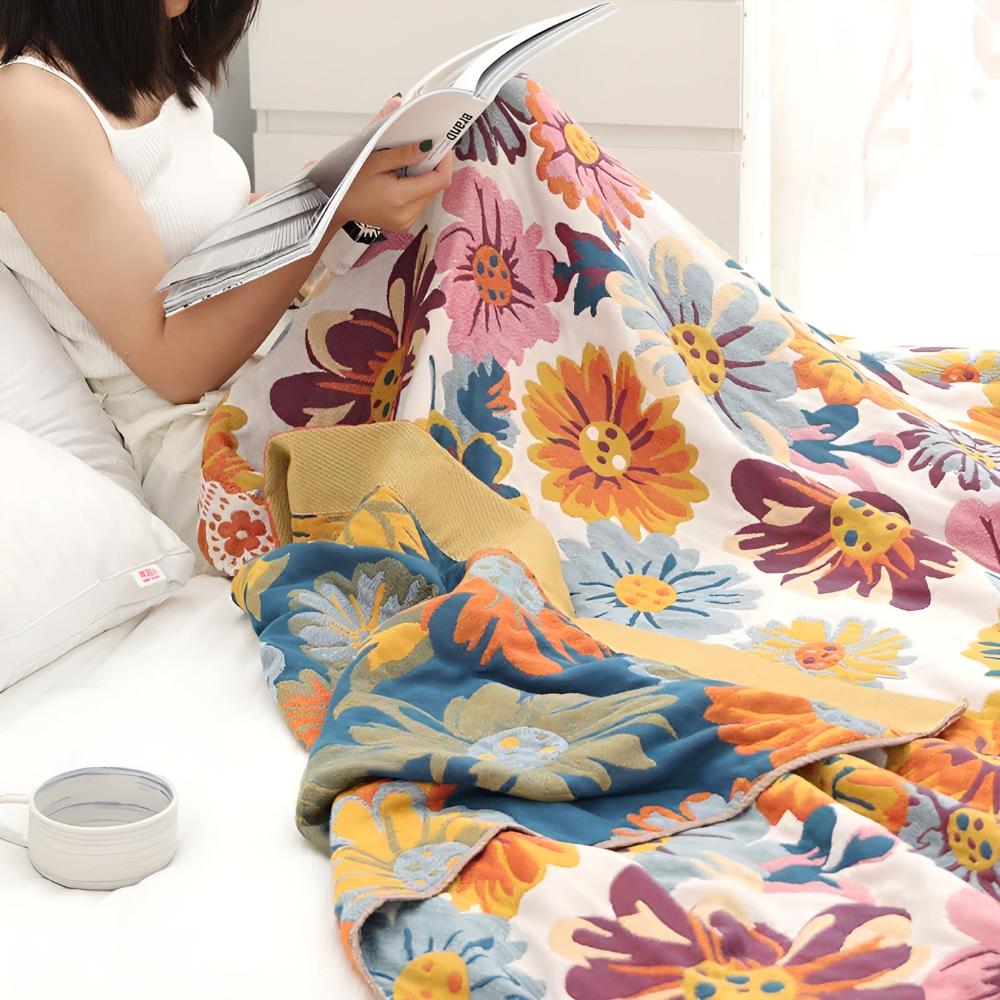 Cotton Blanket with Bright Floral Design-Bedding & Bath > Blankets-casanuva-casanuva