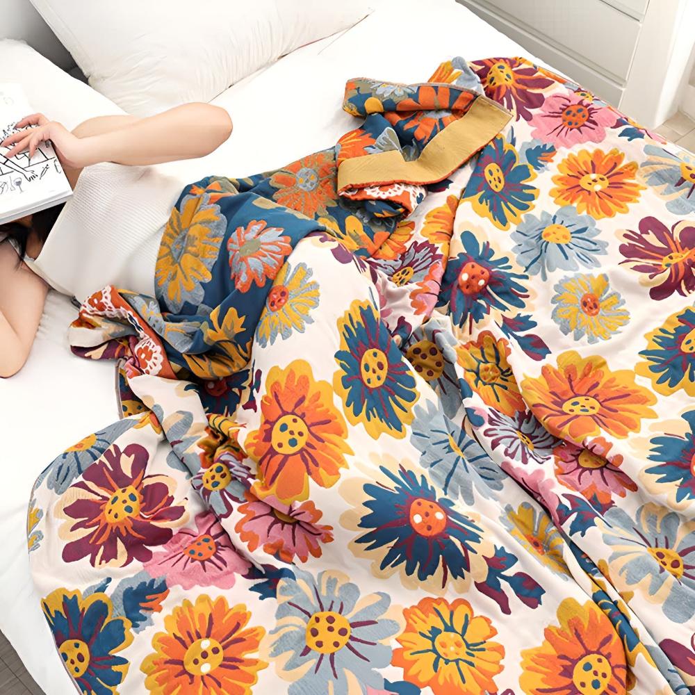 Cotton Blanket with Bright Floral Design-Bedding & Bath > Blankets-casanuva-casanuva