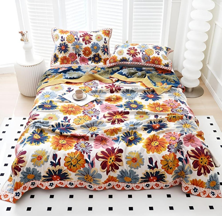 Cotton Blanket with Bright Floral Design-Bedding & Bath > Blankets-casanuva-casanuva