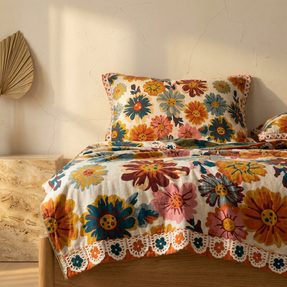 Cotton Blanket with Bright Floral Design-Bedding & Bath > Blankets-casanuva-casanuva