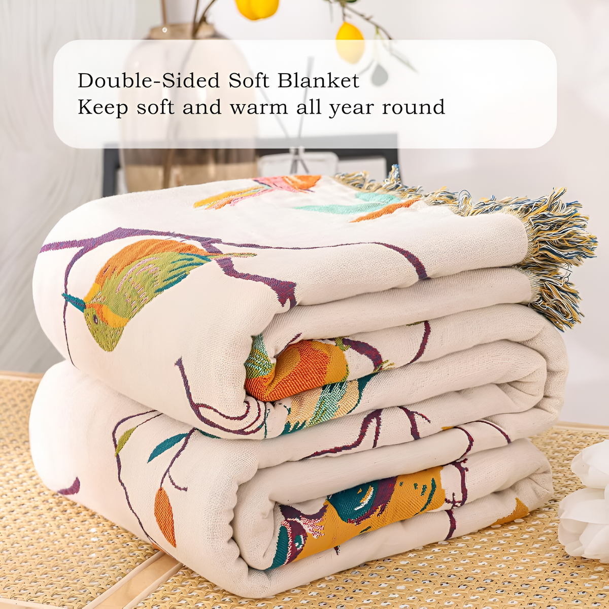 Cotton Blanket with Whimsical Bird Tassels-Bedding & Bath > Blankets-casanuva-casanuva