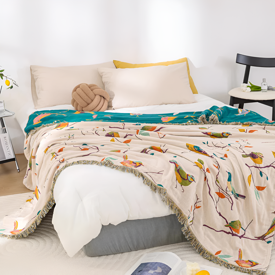 Cotton Blanket with Whimsical Bird Tassels-Bedding & Bath > Blankets-casanuva-casanuva